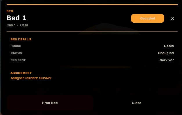Worldis bed assignment interface showing occupied bed in a cabin settlement